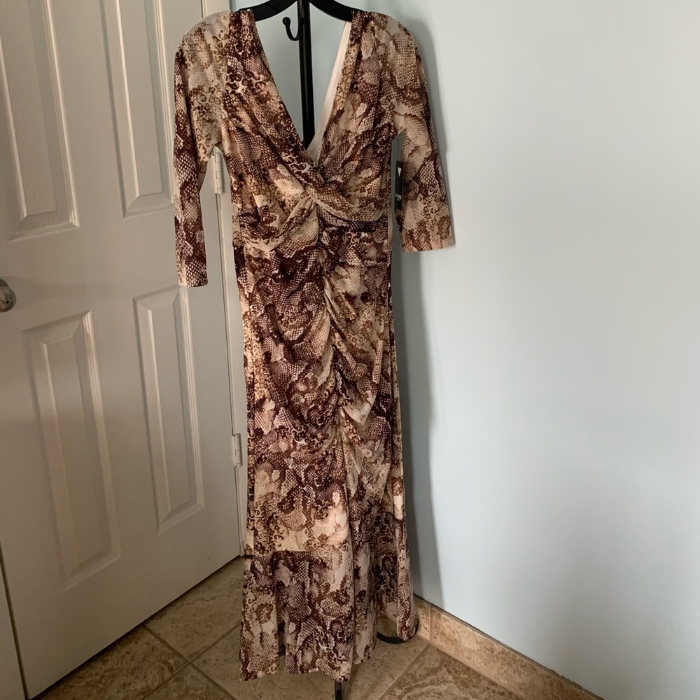 NWT Guess ruched midi dress. Size 8. Animal print. 3/4 sleeve. V-neck and back.